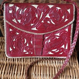 vintage 40's tooled leather shoulder bag red & white handbag Guatemala flowers